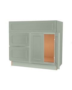 Craftsman Lily Green Shaker Vanity Sink Base Drawer Left Cabinet 36" Midlothian - RVA Cabinetry