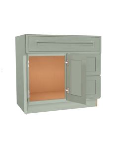 Craftsman Lily Green Shaker Vanity Sink Base Drawer Right Cabinet 36" Midlothian - RVA Cabinetry